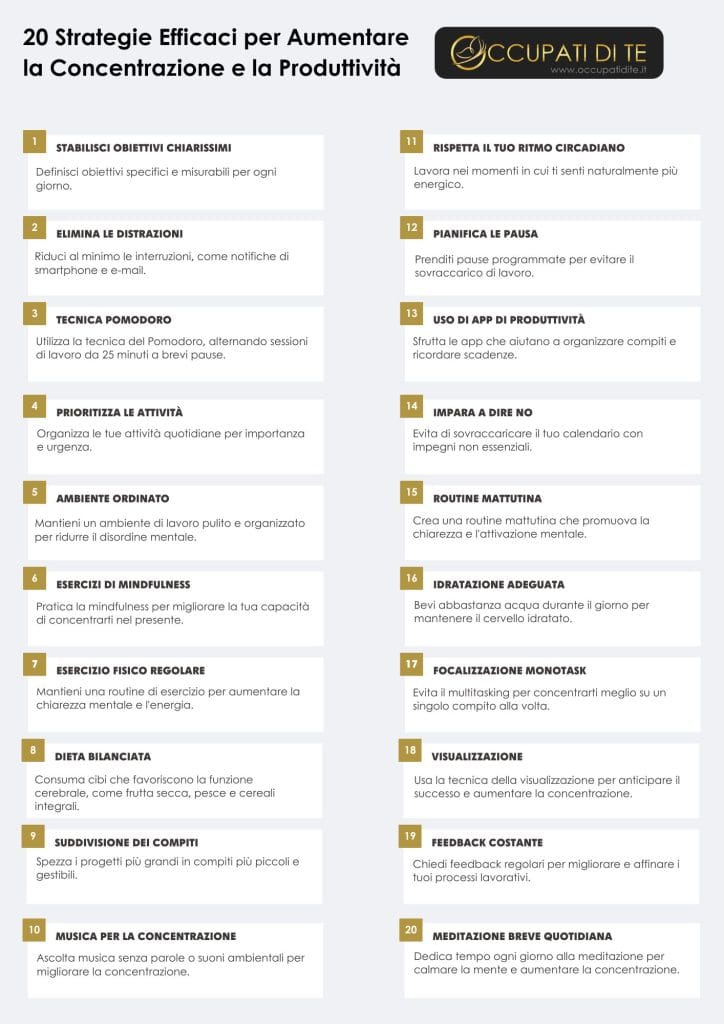 20 Strategie Efficaci per Aumentare la Concentrazione e la Produttività Strumenti gratuiti per la crescita personale Occupati di Te