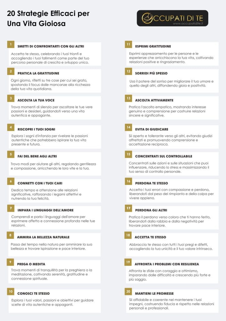 20 strategie efficaci per una vita gioiosa Strumenti gratuiti per la crescita personale Occupati di Te